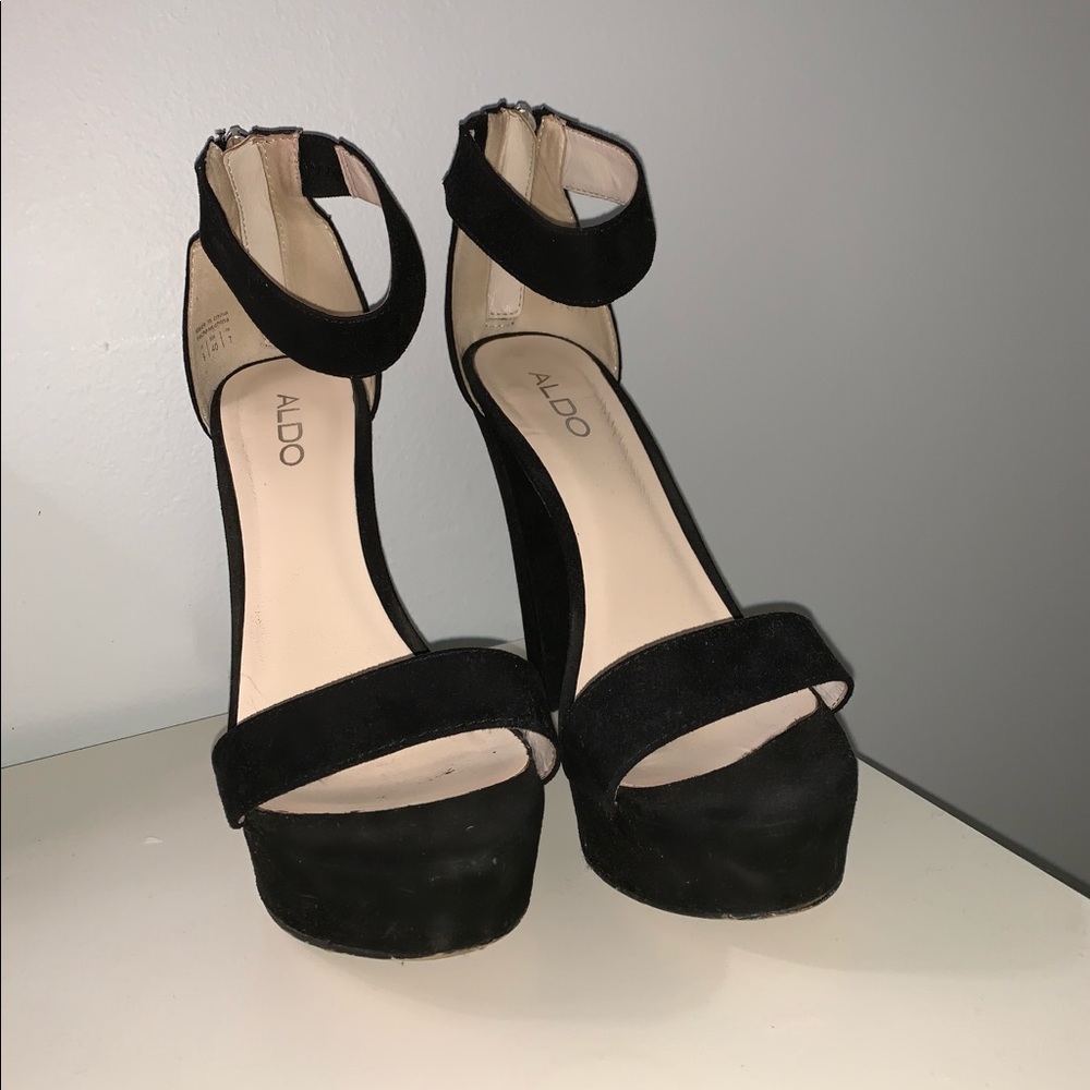 ALDO ankle strap black leather suede heels